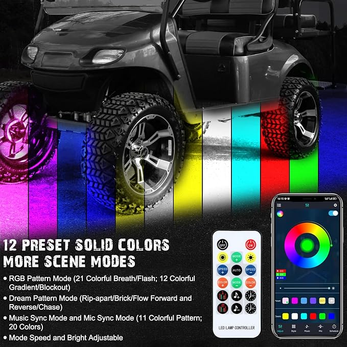 Golf Cart Underbody LED Lights 4Pcs, 12V - 80V Input Golf Cart Underglow Light Kit Bluetooth APP Control Dream Colors for EZGO Club Car Yamaha, Music Mic Sync Modes (Included Voltage Reducer)