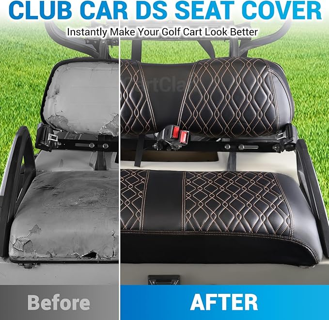 Golf Cart Seat Covers Suitable for 2000.5-UP Club Car DS Standard Front Seat Cushion, Golf Cart Front Seat Covers Kit No Drilling & Waterproof (Black PVC Leather & Brown Stitching)