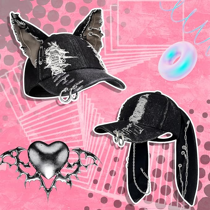 Shyyween Y2K Grunge Hat with Ears Bunny Ear Hat Cat Distressed Denim Baseball Cap Iron Ring Punk Outfit for Women Accessories