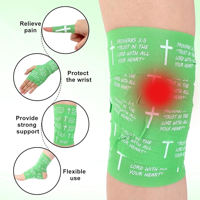 MiniInflat 2 Pcs Christian Cross Athletic Tape Sports Tape 2in x 23ft Religion Jesus Wrist Wrap for Soccer Football Baseball, Gift for Graduation Teacher Nurses Week Pentecost(Green,Proverbs)