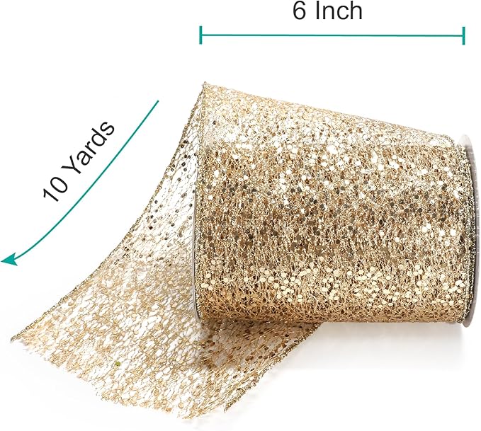 CT CRAFT LLC Sparkling Glitter Mesh Wired Ribbon 6" x 10 Yards Champagne Gold - Image 2