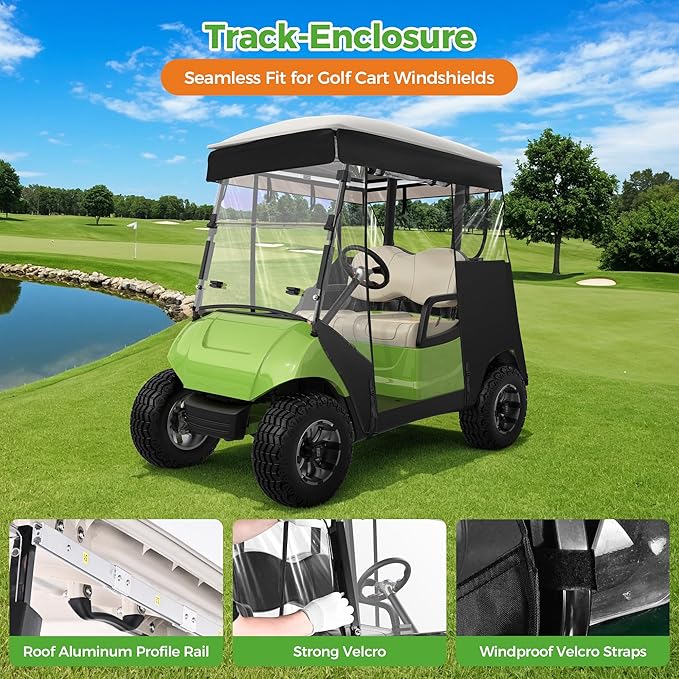 10L0L 2 Passenger Track-Style Enclosure Cover for Yamaha G29 Drive/Drive 2, Waterproof 600D Polyester Rain Shelter with Pre-Drilled Awning Track, 3-Piece Zip-Off Design, Roll-Up All Sides,Valance