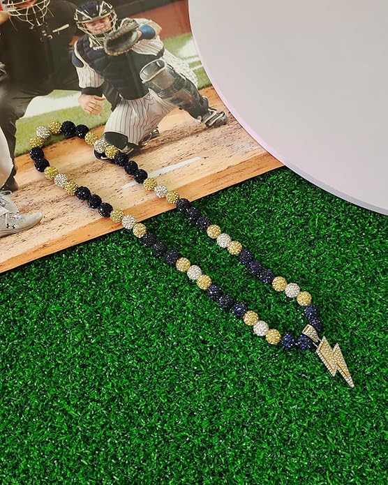 Baseball Necklace for Men 16/18/20 Inch Bling Ice Collection Lightning Bolt Pendant Necklace for Women Rhinestone Clay Beaded Discoball Accessories Gifts for Baseball Team Players Lovers