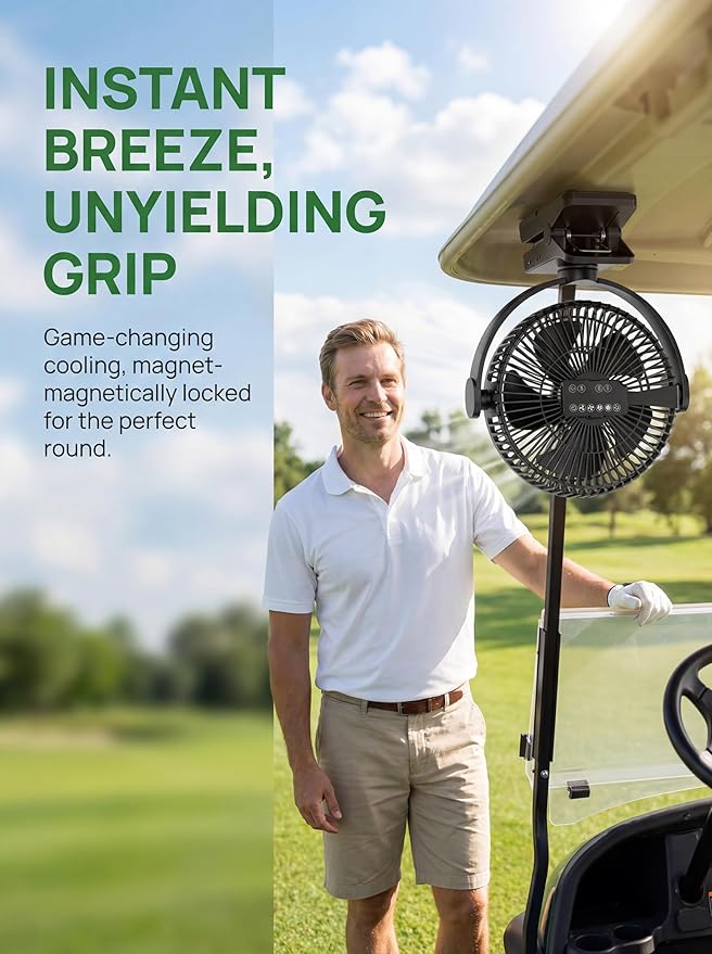 8-inch Magnetic Clip on Fan for Golf Cart, 12000mAH Battery Operated Portable Fan with 5 Speeds, LED Lantern, Magnetic Base, Compatible with EZGO Club Car Yamaha, Ideal Golf Cart Accessories