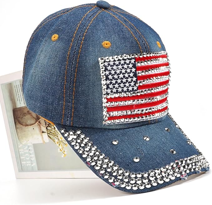 American Flag Hats Love Breast Cancer Adjustable Rhinestone Baseball Cap USA Patriotic Embroidered Baseball Trucker Hat