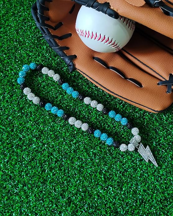 Baseball Necklace for Men 16/18/20 Inch Bling Ice Collection Lightning Bolt Pendant Necklace for Women Rhinestone Clay Beaded Discoball Accessories Gifts for Baseball Team Players Lovers