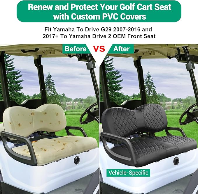 iLSKW Golf Cart Seat Cover for Yamaha G29 / Drive, Premium Marine Leather, Diamond Stripe with Black Stitching Soft Comfortable to Upgrade No Stapler