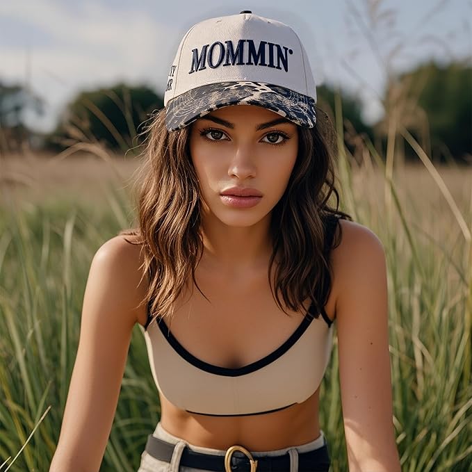 Women’s Mommin Trucker Hat – Vintage Two-Tone Ponytail Baseball Cap, Embroidered Adjustable Hat, Great Gift for Mom & Women