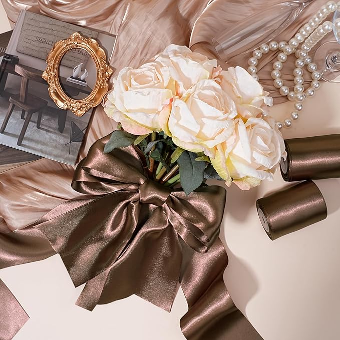 LaRibbons Brown Satin Ribbon 4 Inch 10 Yards Double Faced Luxury Mocha Silk - Image 2
