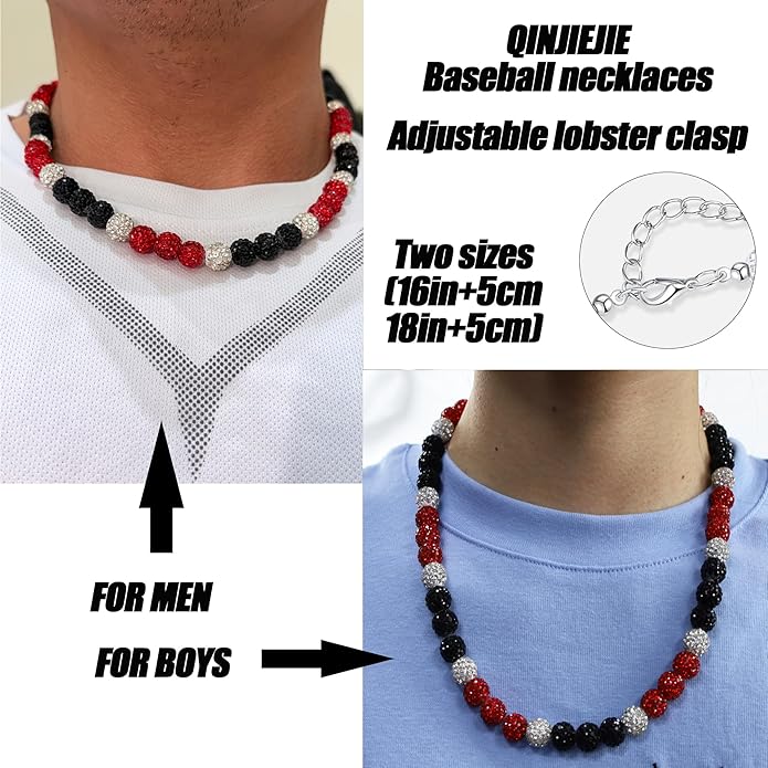 QINJIEJIE Baseball Necklace for Men Glitter Bling Rhinestone Beaded Collection Necklace for Women 16/18in Inspired Sports Jewelry Baseball Chain Cool Gifts for Baseball Players Team Lovers