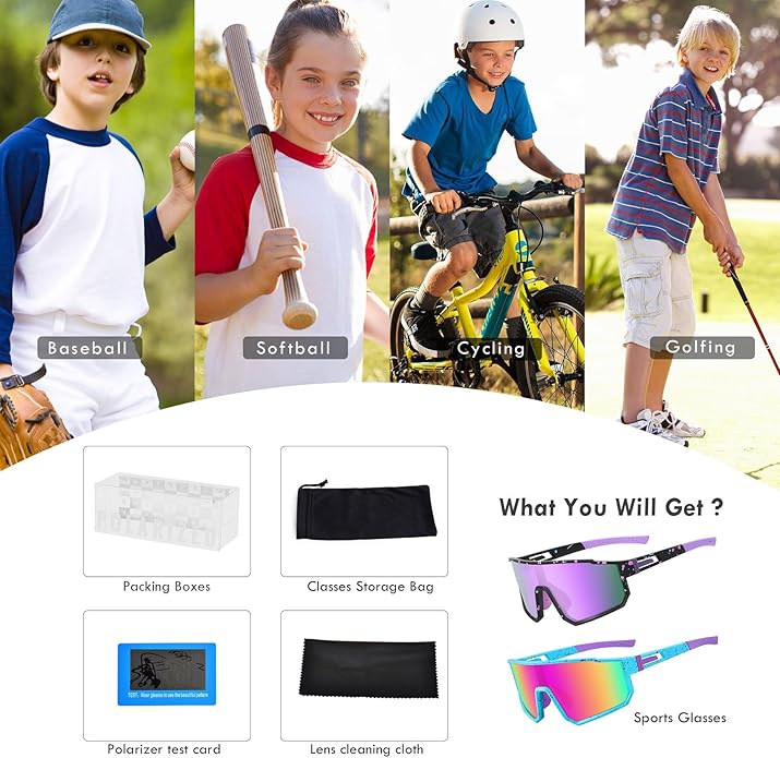 MVPTGRS Youth Baseball Sunglasses for Boys Girls Age 8-14 TR90 Frame Kids Sport Sunglasses for Softball Cycling Baseball Golf