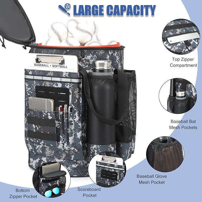 Baseball Bucket Bag 6 Gallon Bucket Cover Organizer w/Padded Seat tactical Softball Coaches Bag for Balls, Bat, Gloves, Scoreboards