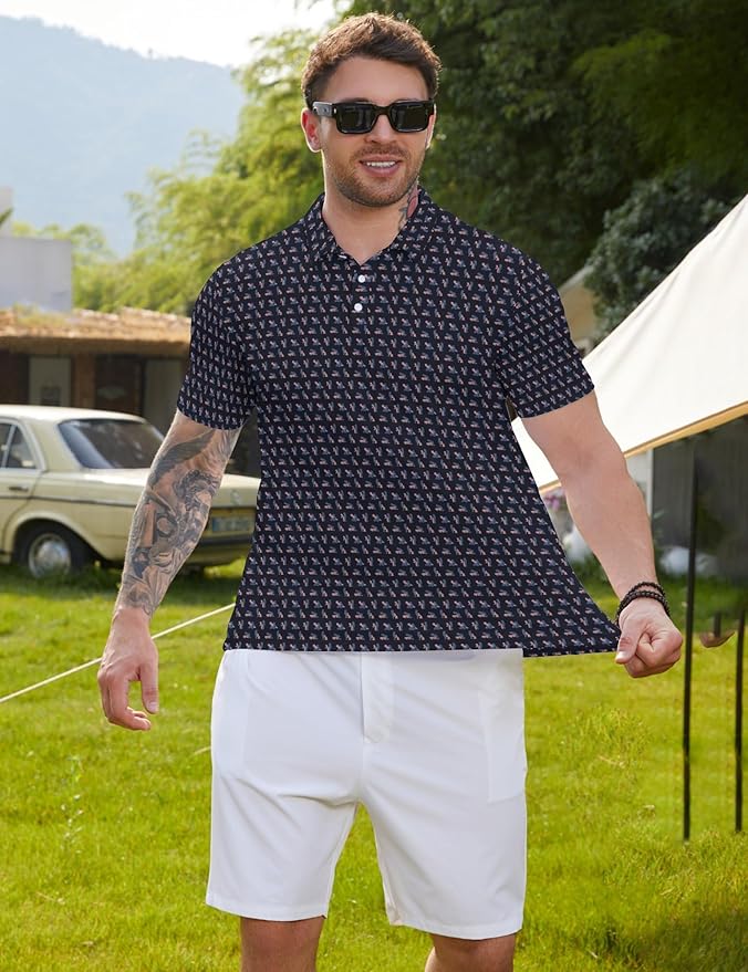 HUURAY Funny Golf Polos for Men Funny Print Short Sleeve Shirts Quick Dry Polo Shirts Hawaiian Shirt Performance Golf Outfits