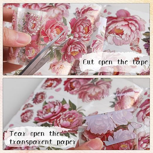 PET Tapes - Pink Flower Scrapbook Supplies, Transparent Floral Tapes - Image 6