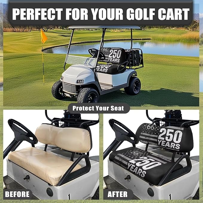 Yewatlles Grey 250th American Flag Golf Cart Seat Cover Set Fashion Printed for Club Car Small Breathable Bench Seat Covers, Washable Polyester Cloth