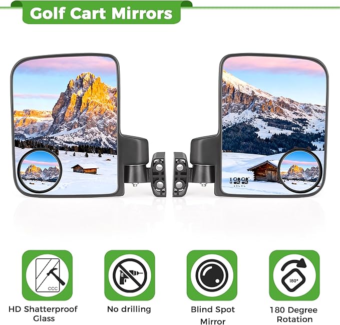 10L0L Golf Cart Mirrors with Blind Spot Mirrors No Drilling 180 Degree Rotation & Foldable-HD Shatterproof Glass Mirrors for Golf Cart Club Car EZGO and Other (New for 2026)