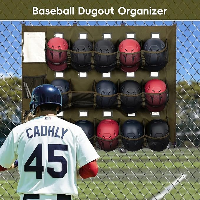 KAVIGOR Baseball/Softball Dugout Organizer - 15+ Helmet & Glove Storage Bag, Military-Grade 900D Fabric & 6 Reinforced Steel Hooks