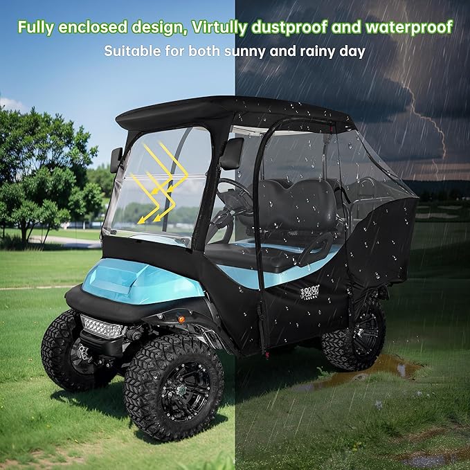 10L0L 4-Passengers Golf Cart Enclosure for Club Car Precedent 57" Short Roof, 600D Waterproof Clear Rain Cover with Security Side Mirror Openings, All Weather Waterproof Snowproof Driving Covers
