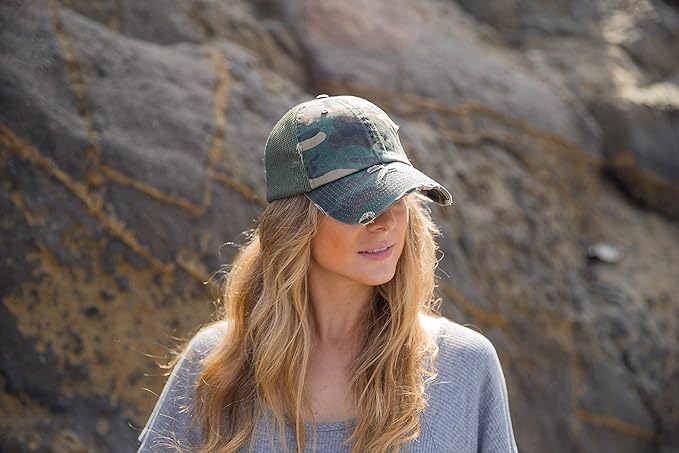 Funky Junque Trucker Hat for Women – Distressed Low Profile Western Camo Baseball Cap with Mesh, Trendy and Adjustable Fit