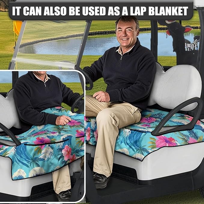 Golf Cart Seat Covers, Universal Golf Cart Seat Towel Blanket with 4 Front Pockets & Nonskid Bottom Fits for Club Car 2 Person Seats Golf Carts