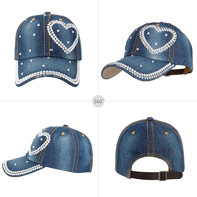 Hoce Fashion Rhinestone Denim Baseball Cap Studded Bling Hat for Women