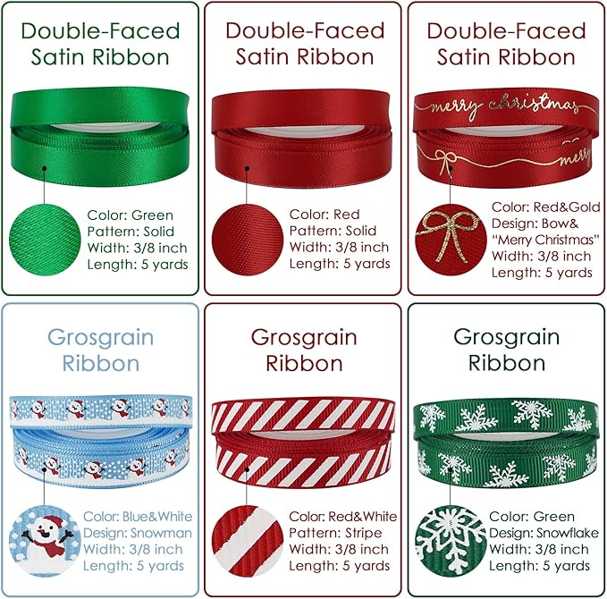 MEEDEE Christmas Ribbon 3/8 inch Thin Holiday Ribbon Set in Red, Xmas Wreath - Image 4