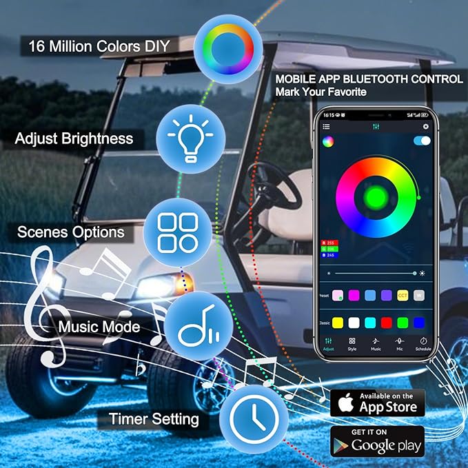 Golf Cart Underbody LED Lights 4Pcs, 12V - 80V Input Golf Cart Underglow Light Kit Bluetooth APP Control Dream Colors for EZGO Club Car Yamaha, Music Mic Sync Modes (Included Voltage Reducer)
