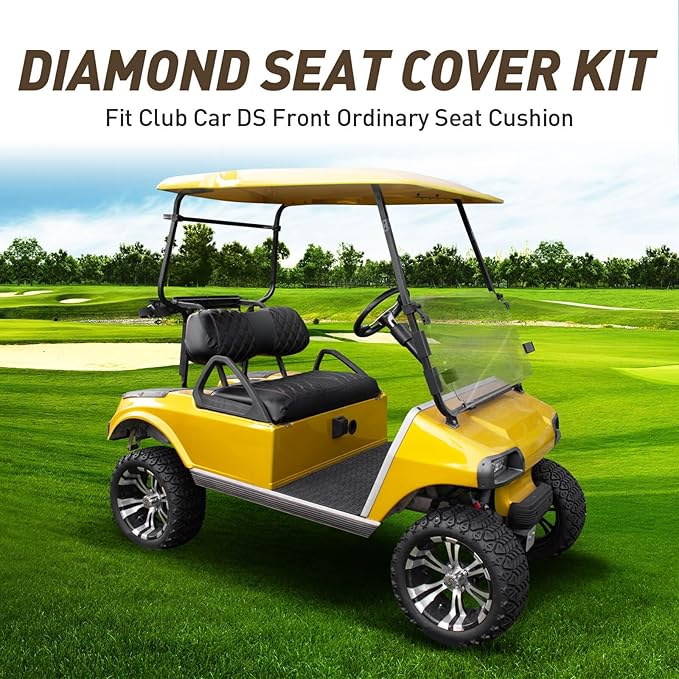 NOKINS Golf Cart Club Car DS 2000.5-Up Diamond Seat Covers Kit, Fits Club Car DS OEM Standard Front Seat Cushion, Golf Cart Vinyl Seat Cover, No Nails Required (Black and Brown Stitching)