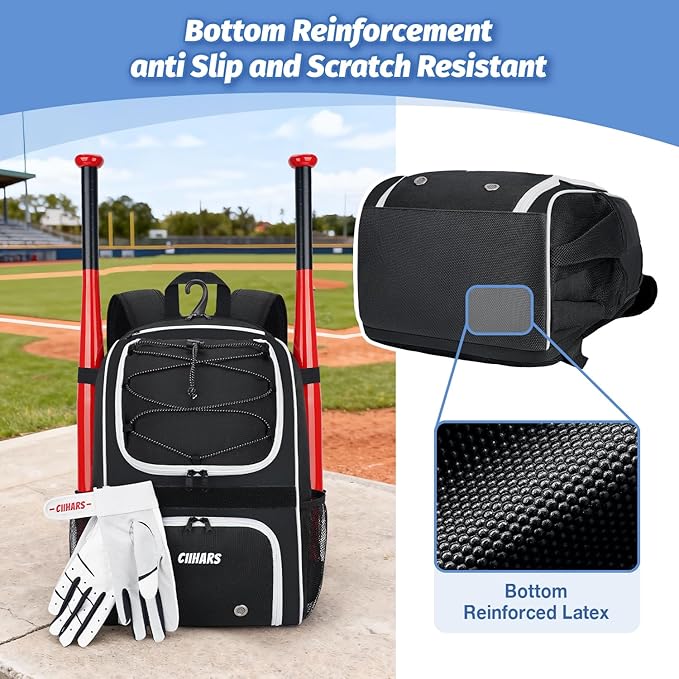 Youth Baseball Bag - Baseball Backpack Bat & Glove Holder, T-Ball & Softball Equipment & Gear,Large Main Compartment for Helmet & accessories, Fence Hook，Insulation Pocket