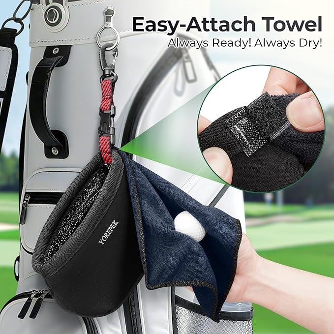 YOREPEK Golf Club Cleaner Bag with Towel, 360° Rotating Clip, Golf Ball Washer with Zipper Pocket, Valentines Day Golf Gifts for Him, Golf Bag Accessories for Men, Black