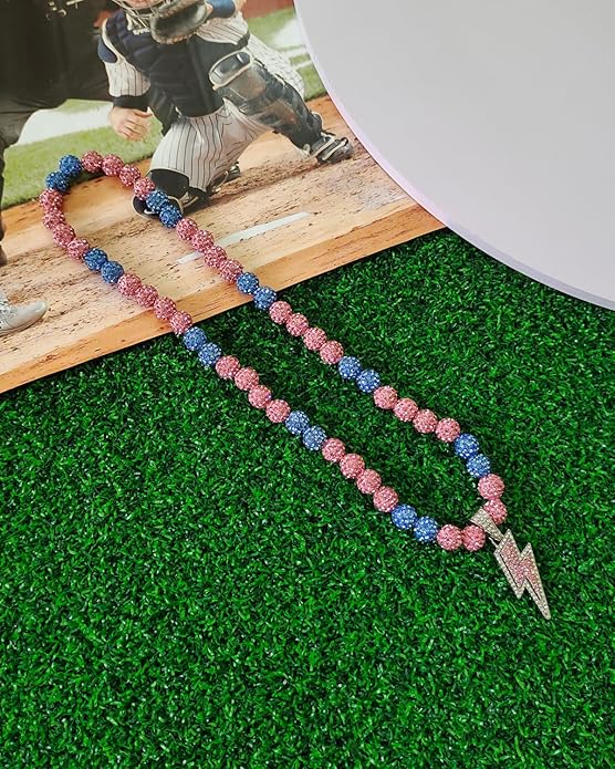 Baseball Necklace for Men 16/18/20 Inch Bling Ice Collection Lightning Bolt Pendant Necklace for Women Rhinestone Clay Beaded Discoball Accessories Gifts for Baseball Team Players Lovers