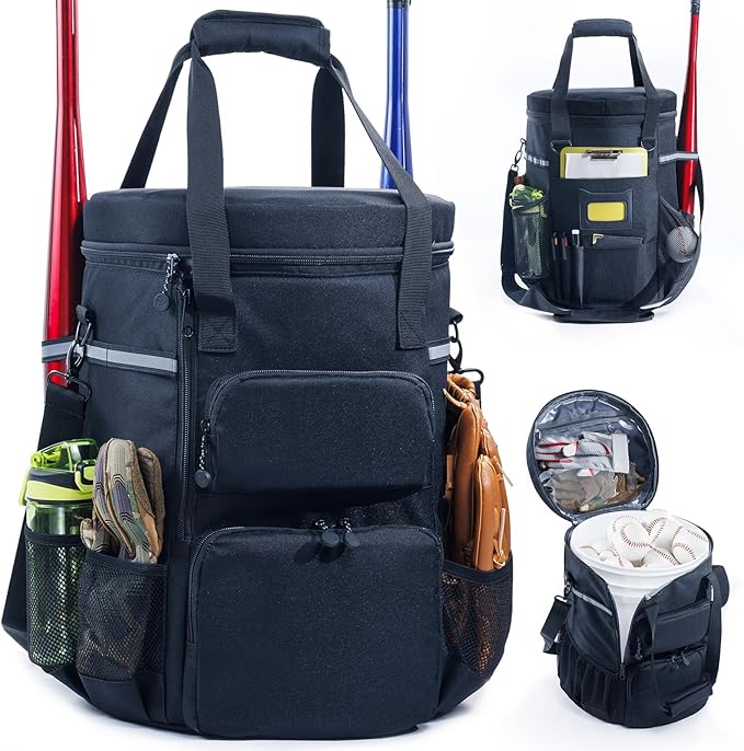 VIGERARI Baseball Bucket Bag- Coach Bag-Expandable Softball Bucket Organizer with Padded Seat