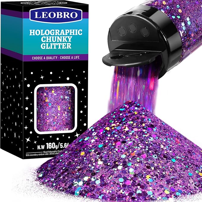 LEOBRO Purple Glitter, 160g/5.64oz Holographic Chunky Glitter by LEOBRO