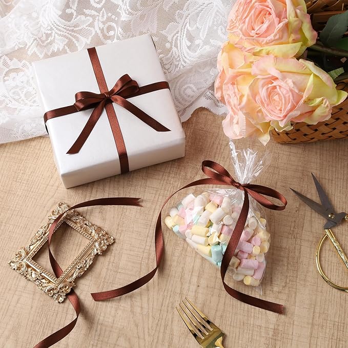 LaRibbons Brown Satin Ribbon 3/8 Inch 50 Yards Thin Luxury Double Faced Firar - Image 3