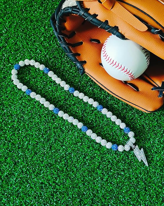 Baseball Necklace for Men 16/18/20 Inch Bling Ice Collection Lightning Bolt Pendant Necklace for Women Rhinestone Clay Beaded Discoball Accessories Gifts for Baseball Team Players Lovers