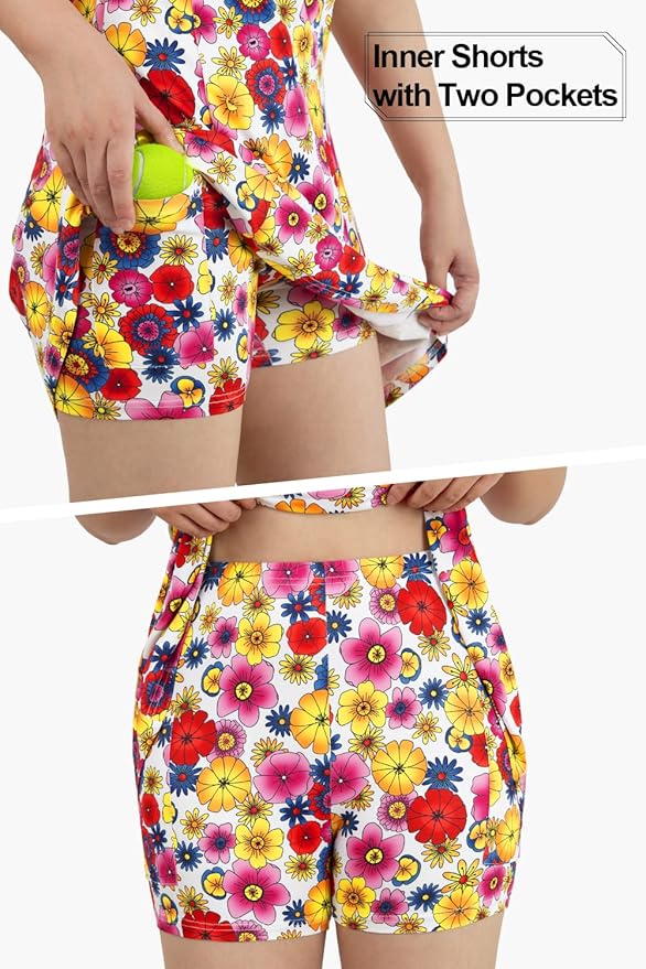 Womens Sleeveless Golf Tennis Dresses with Inner Shorts＆Pockets for Workout Exercise