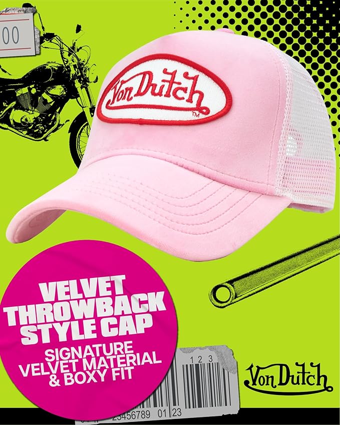 Von Dutch Unisex Trucker Hat - Velvet Curved Bill Mesh Back Retro Classic Adjustable Snapback Baseball Cap for Men and Women
