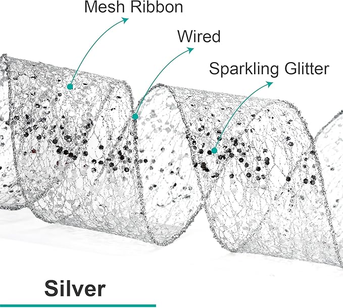 CT CRAFT LLC Sparkling Glitter Mesh Wired Ribbon 4" x 10 Yards Silver - Image 3