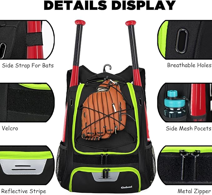Goloni | Baseball Backpack,Baseball Bag for Adult,Softball Bat Bag with Shoes Compartment,Large Main Compartment for Helmet & accessories, Fence Hook
