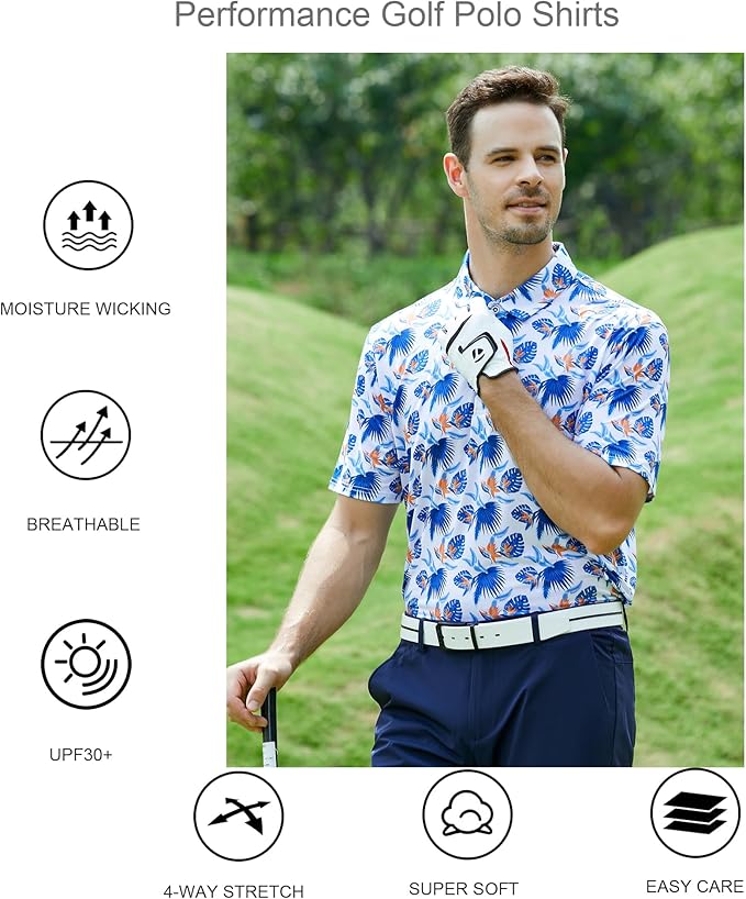 Alex Vando Mens Golf Shirt Moisture Wicking Quick-Dry Print Performance Polo Shirts for Men