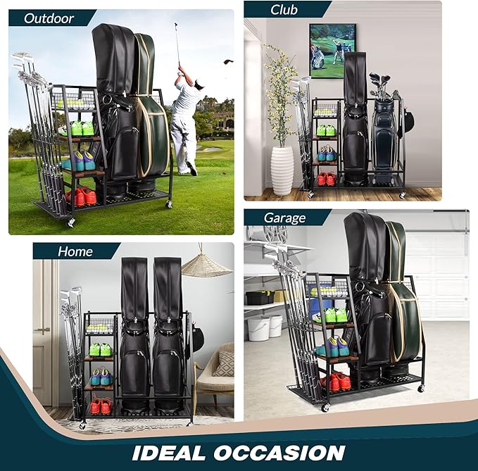 Sttoraboks Golf Bags Storage Garage Organizer, Golf Bag Rack Fits 2/3 Golf Bags and Golf Equipment Accessories, Golf Club Storage Stand with Wooden Shelf and Lockable Wheels for Garage Indoor Basement