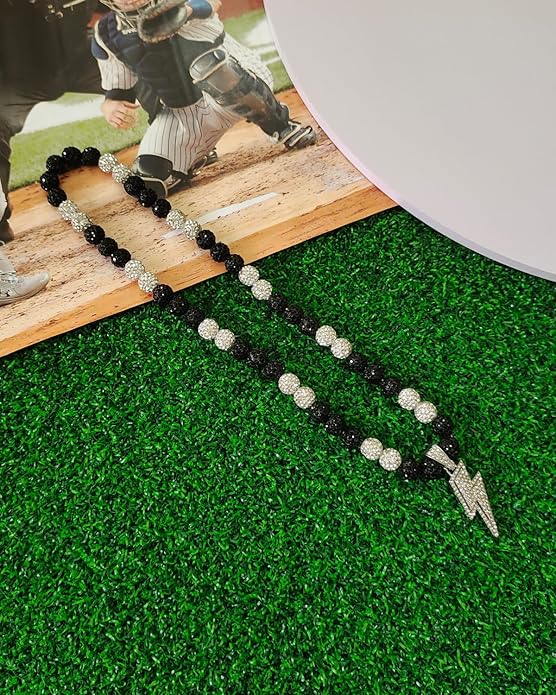 Baseball Necklace for Men 16/18/20 Inch Bling Ice Collection Lightning Bolt Pendant Necklace for Women Rhinestone Clay Beaded Discoball Accessories Gifts for Baseball Team Players Lovers
