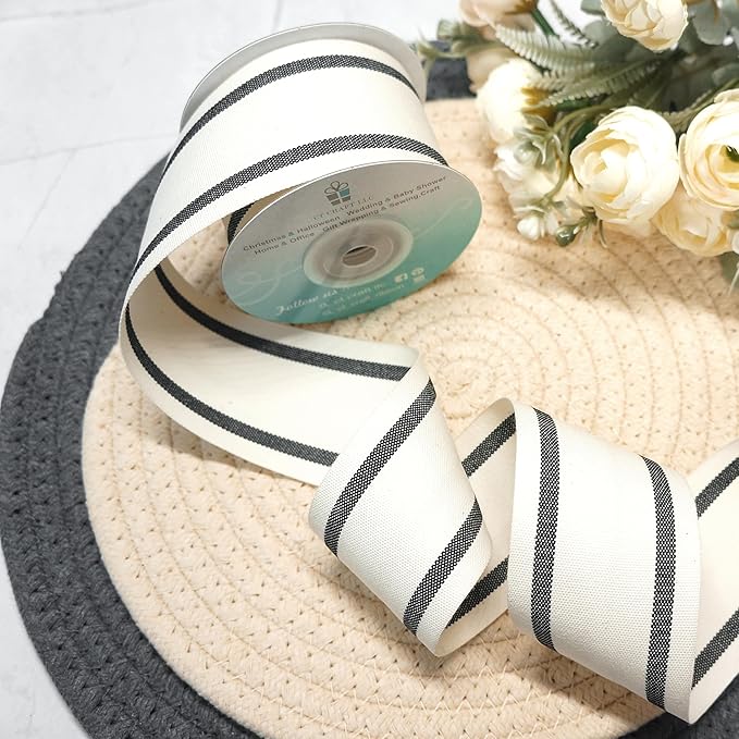 CT CRAFT LLC Ivory Cotton Black Stripes Ribbon 2" x 10 Yards - Image 4