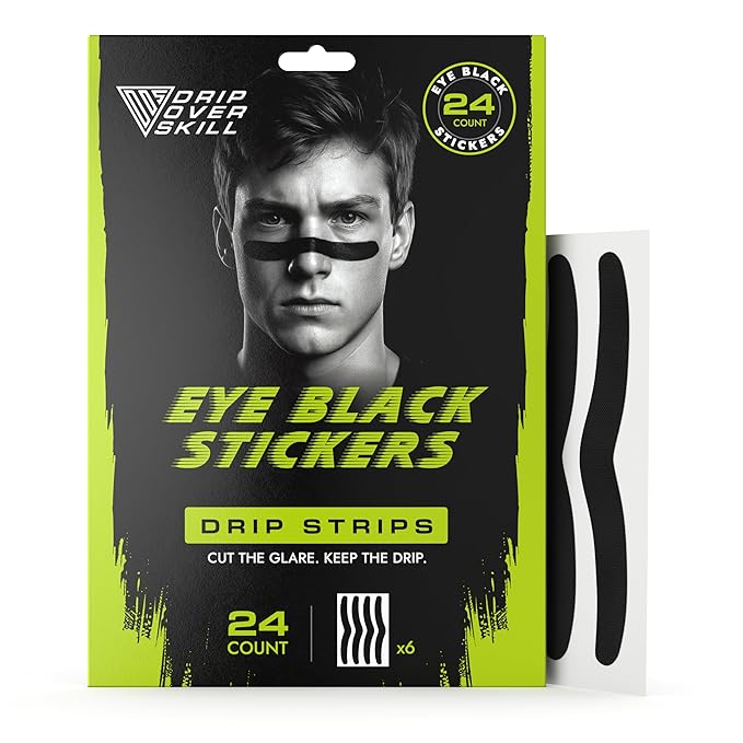 DRIP Strips Pro-Grade Eye Black Stickers, 24 Pack, Natural Flex & Stretch Long Eye Black Face & Nose Strips, Sweat-Proof, Eye Black Football, Baseball, Softball, Lacrosse, Black Grit Strip