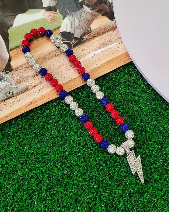 Baseball Necklace for Men 16/18/20 Inch Bling Ice Collection Lightning Bolt Pendant Necklace for Women Rhinestone Clay Beaded Discoball Accessories Gifts for Baseball Team Players Lovers