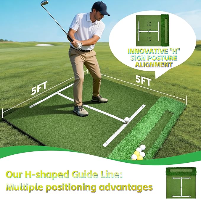 (Enlarged×Thickened) Golf Mat 1.22in/1.42in, 5x4ft/5x5ft Dual-Turf Golf Hitting Mat with Ball Tray for Indoor Outdoor, Heavy Duty Commercial Golf Mat, High-Elasticity Golf Practice Mat for Simulator