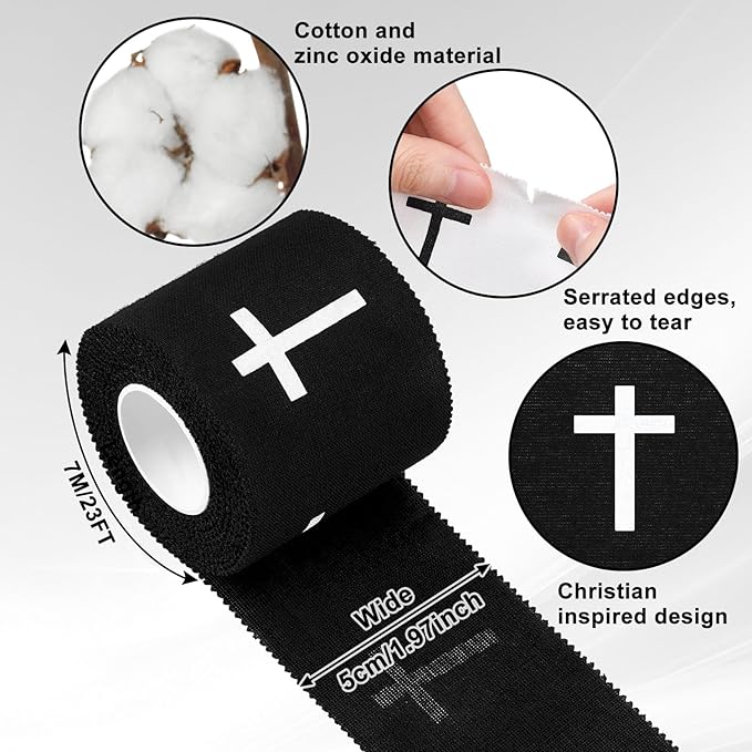 MiniInflat 2 Pcs Christian Cross Athletic Tape Sports Tape 2in x 23ft Religion Jesus Wrist Wrap for Soccer Football Baseball, Gift for Graduation Teacher Nurses Week Pentecost(White Black,Crosses)