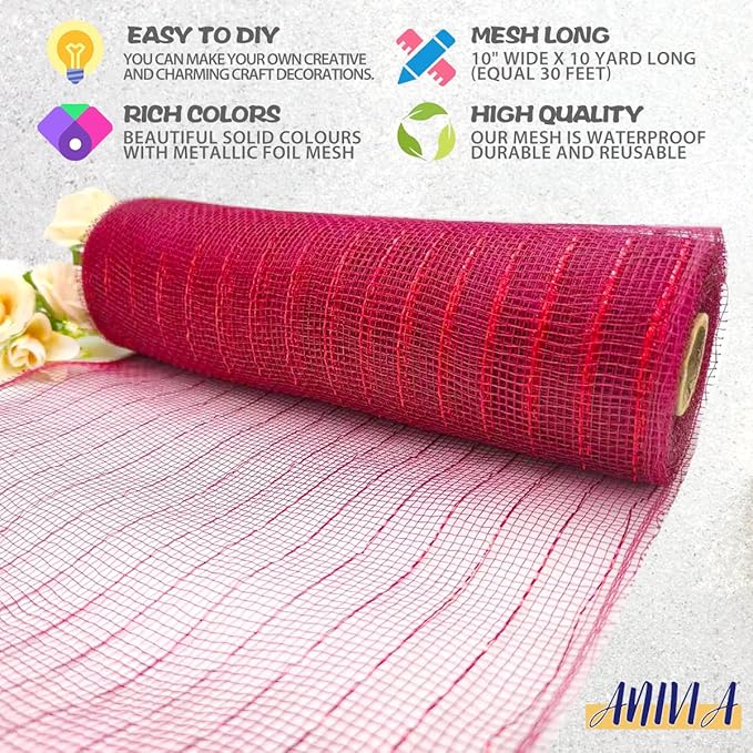 Anivia Deco Mesh Ribbon, 10inch x 30 Feet Each Roll Metallic Foil Mesh Ribbon - Image 3