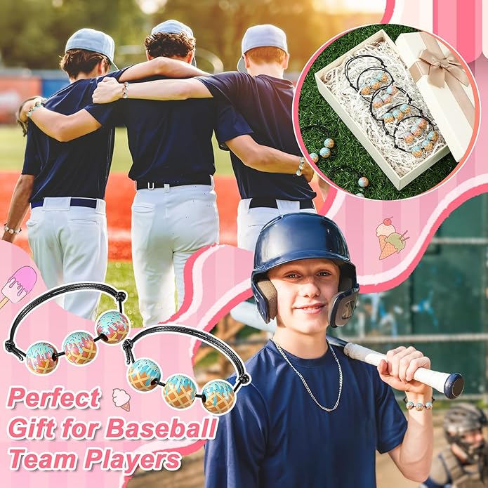 Kigeli 12pcs Baseball Ice Cream Drip Charm Bracelets Adjustable Sport Wristbands with Ice Cream Drip Beads Baseball Team Gifts for Women Men