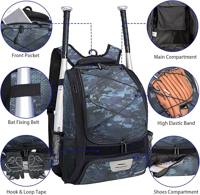 DAFISKY Baseball Bag Softball Backpack - Youth Adult T Ball Bat Equipment Bag with Bat Helmet Holders, Shoe Compartment